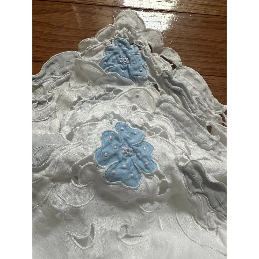 Vintage Hand Embroidered Tablecloth White floral blue linen cut out 98x58”